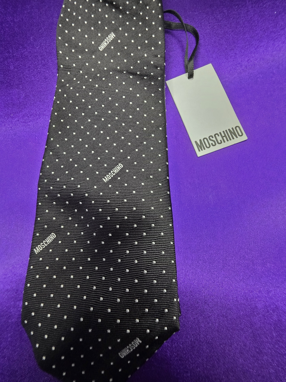 NWT -Moschino 100% Silk Black Logo Micro Dot Designer Neck Tie -Made In Italy